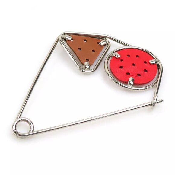 Auth LOEWE Brooch Red/Brown/Silver Leather/Metal - Picture 10 of 10